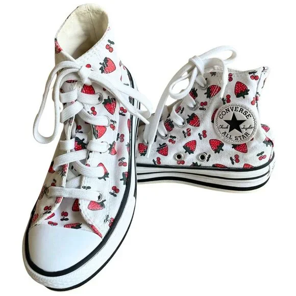 Converse Chuck Taylor All Star Lift Hi Sneakers, White & Red Strawberry - Sz 13