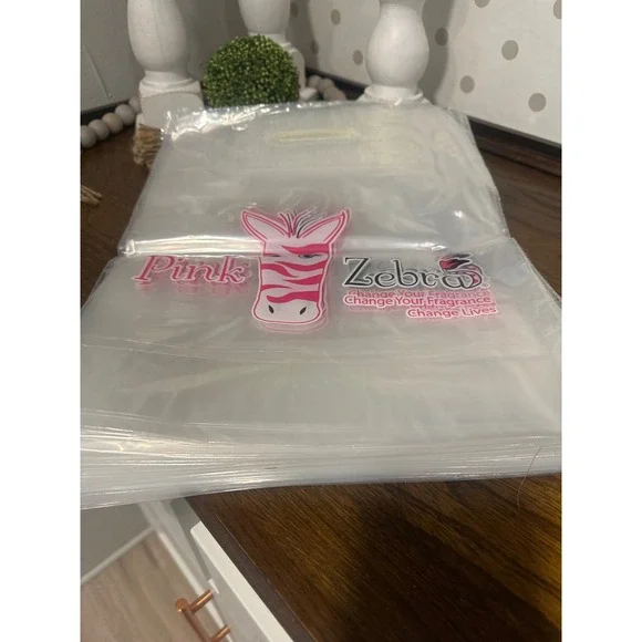 Pink Zebra Clear Plastic Merchandise Bags 12x15 Patch Handle 45 Count 2 Mil