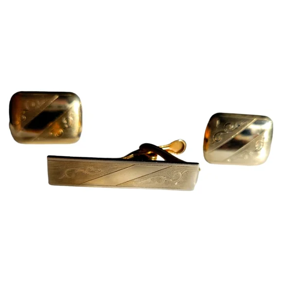 Vtg Gold Scroll Cuff Links/Tie Money Clip