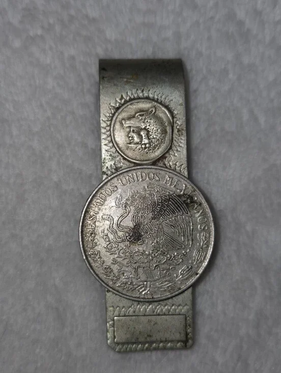 Vintage Mexican Money Clip 1957 One Peso/Native Warrior Head Motif Alpaca Silver