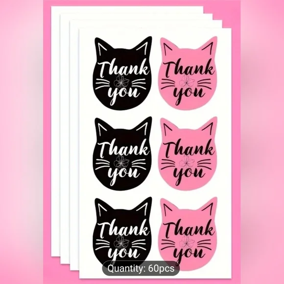 Thank You Cat Face Stickers - Pink & Black - Pack of 60