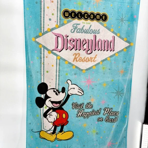 RARE VTG Disney Parks Mickey Mouse Disneyland Resort Sign Beach Towel Turquoise
