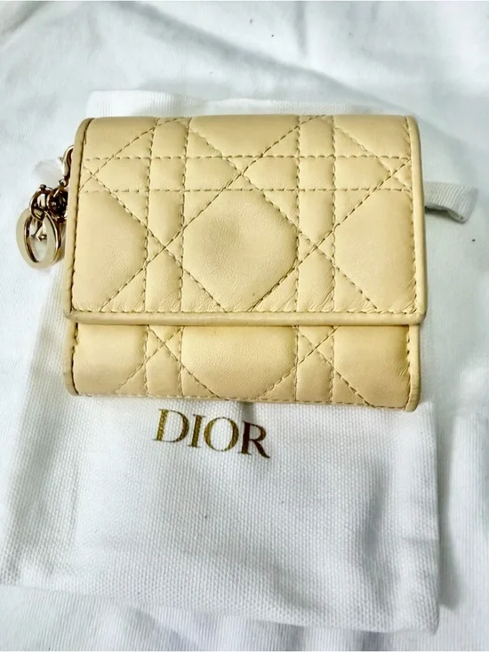 Dior Quilted Leather Compact Wallet in Light Beige with Gold Hardware