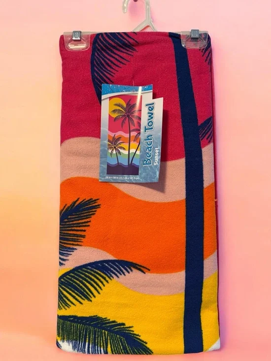 Beach Towel with Tropical Palm Print - Bright Sunset Colors