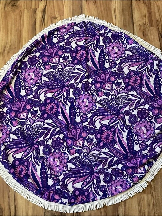 Boho Purple & White Floral Roundie Beach Towel - Mandala Circle- tassel fringe