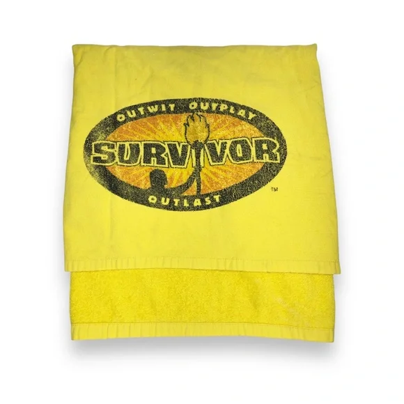 Vtg Magic Beach Towel Yellow Survivor Outwit Outplay Outlast Sun & Surf 30