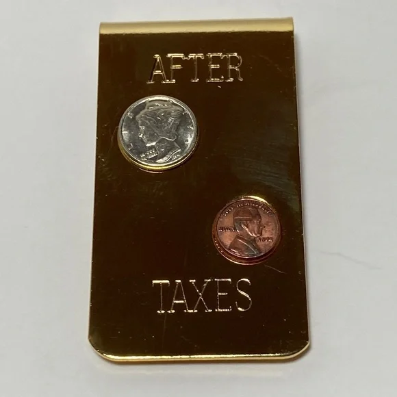 After Taxes Money Clip Tiny Coins Vintage NOS 1970s Humor Gift Gold Tone