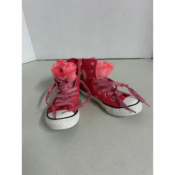 Converse Chuck Taylor All Star Pink Tulle Ruffle Glitter Lace High Top Kids 13