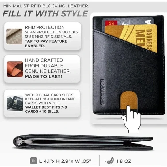 Minimal Men’s Leather Wallet Black With Money Clip