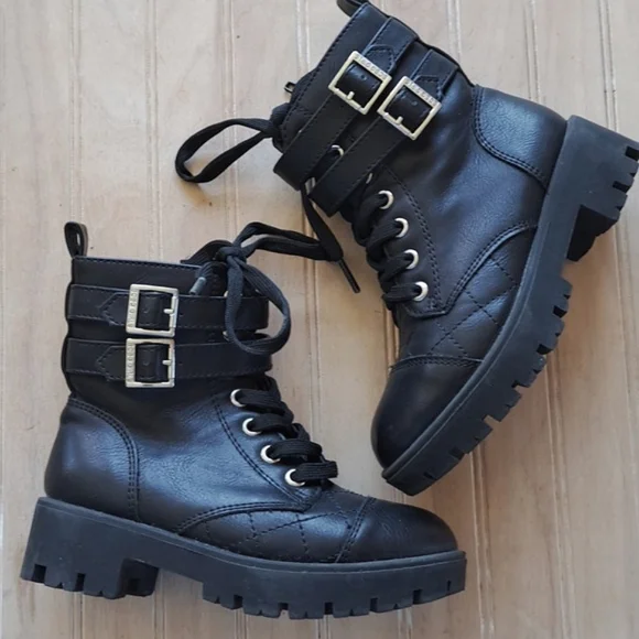 BCBG Girl Adrianna Combat Double Buckle Lace Side Zip Chunky Ankle Boots