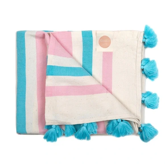 NWOT Nova Blue Pink Striped Turkish Towel pack of 2, pink/blue w/tassels