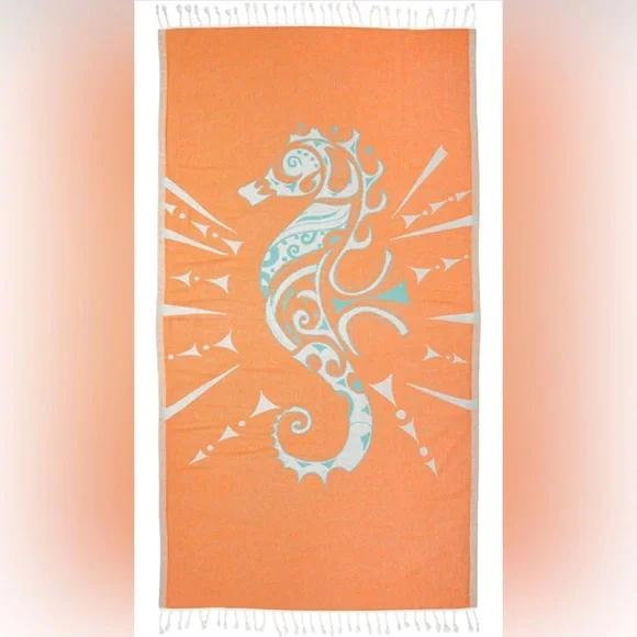 Vibrant Orange and Blue Beach Towel with Seahorse Design
