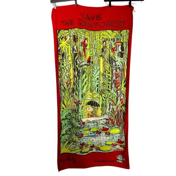 Vintage 90s 'Save The Rainforest' Graphic Green Red Cotton Beach Towel 60
