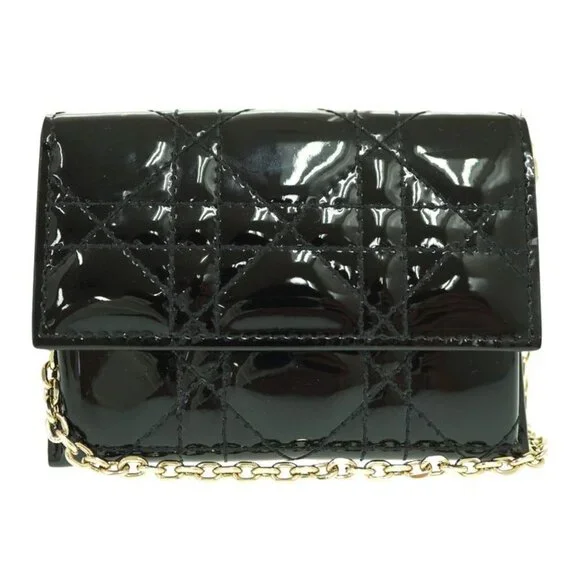 Dior Chain Card Case Coin Case Wallet Shoulder Bag Patent Leather Black 1443