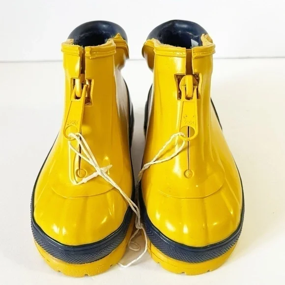 Boys Girls Yellow Zipper Front Rain Boots Unisex Kids Sz 6 Navy Blue Lined NEW