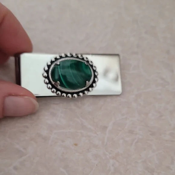 Silver Money Clip with Green Stone Accent Also Matching Bolo.