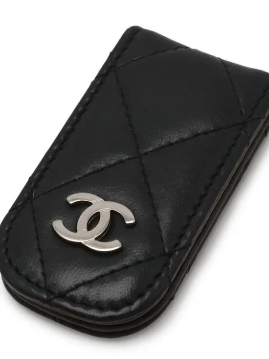 Chanel Quilted Coco Mark Money Clip Billfold Bill Lambskin Leather Black