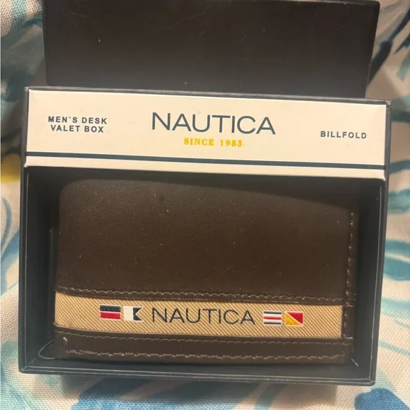 Nautica Brown Leather Money Clip Wallet with Flag Accent