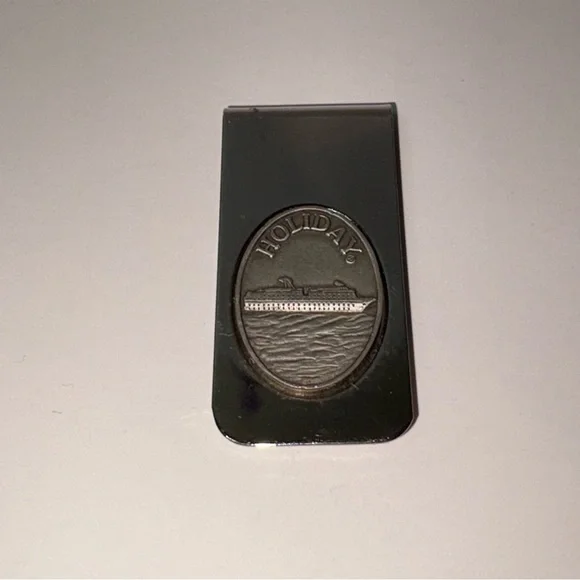 Vintage Holiday Cruise Ship Money Clip Souvenir Vacation 1”x2” Silver Toned