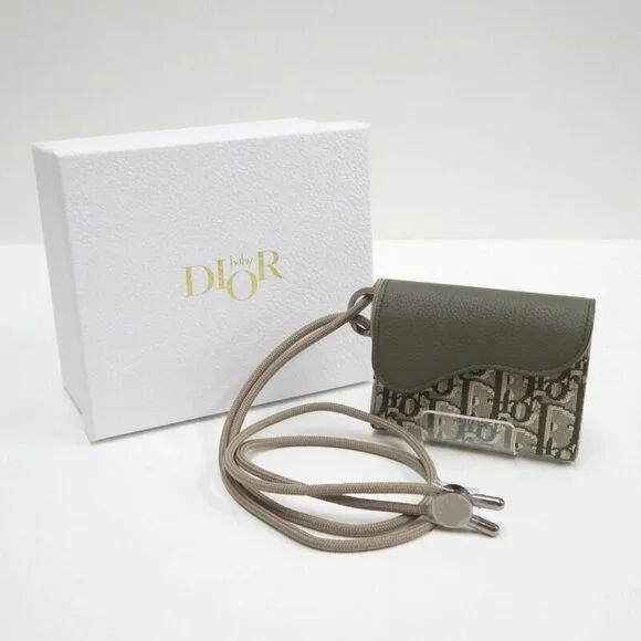Dior Saddle Flap Card Case Bifold Wallet Canvas Leather Multi Green :multi X