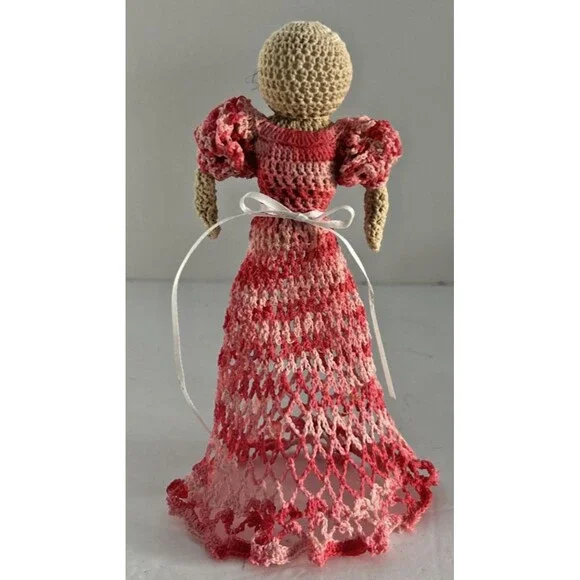 Vintage Starched Crocheted Doll, pink dress 8 1/2