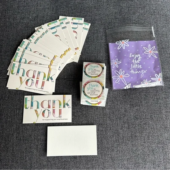 25 THANK YOU Business Cards + 25 Stickers, Starter Set, Colorful, Gold Foil