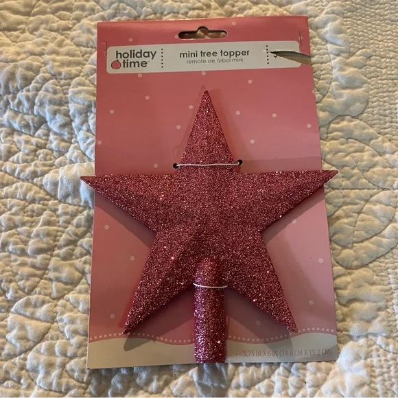 Holiday Time Mini Tree Topper Pink Glitter Star New 5.75” Tall Christmas