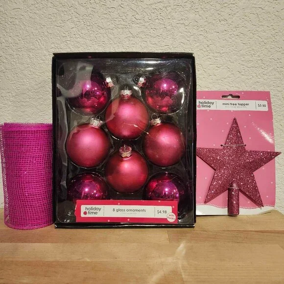 GUC Pink Christmas Lot - 8 Glass Ornaments Mesh Ribbon Glitter Star Tree Topper