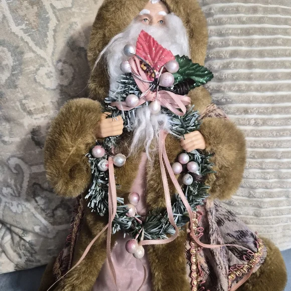 Brown Santa Figurine with Pink and Green Accents Vintage Old World Tree Topper