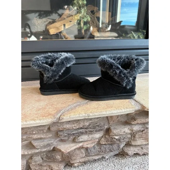Bearpaw Helaina Youth Size 5 Black Cow Suede‎ Wool Blend Liner Warm Winter Boots