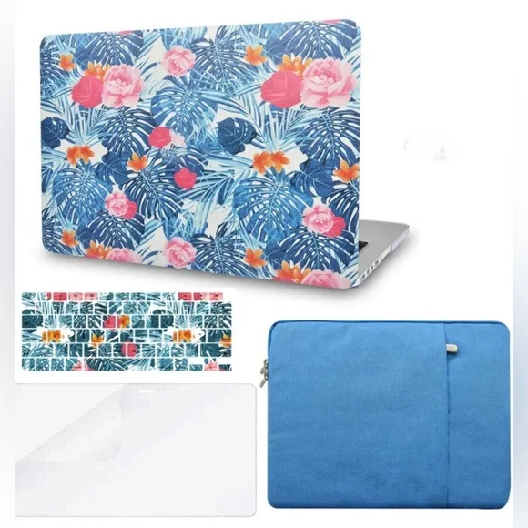 New Pro 13” hard case plus keyboard cover and soft case NEW Floral/Blue