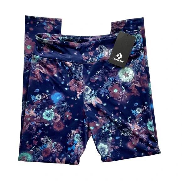 Converse All Star Kids Floral‎ Leggings Navy Blue Purple Teal Girls Large 12-13Y