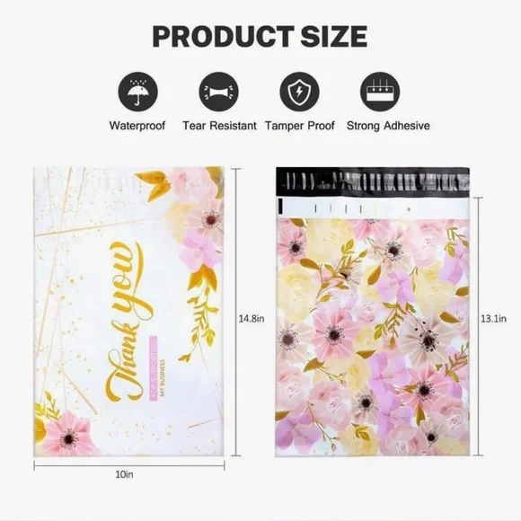 PRICE IS FIRM -Set of 10 Floral and Gold 10 x 13 ‘Thank You’ Poly Ship Mail Bags