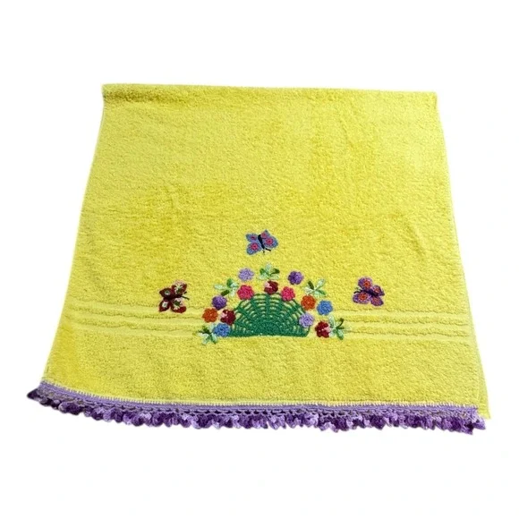 VTG Yellow Crochet Trim Bath Towel Butterfly Flower Basket Embroidery Bath Decor