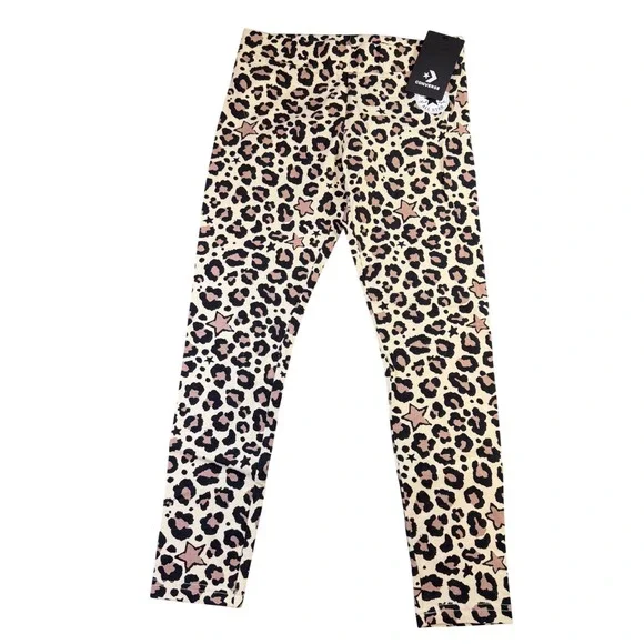 Converse Girls Leopard Star Print Leggings Natural Tan Black L 12-13Y NWT J9