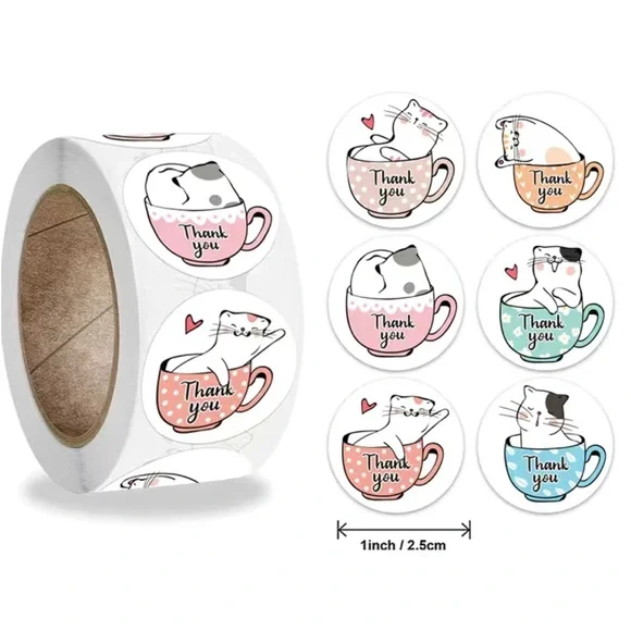 500 1” Stickers, Kitty in Teacup, 1 inch , Thank You, Roll, PRICE IS FIRM