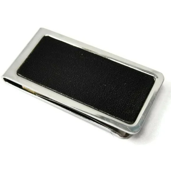 Money Clip Stainless Steel Black Leather Insert Credit Card Cash ID Holder