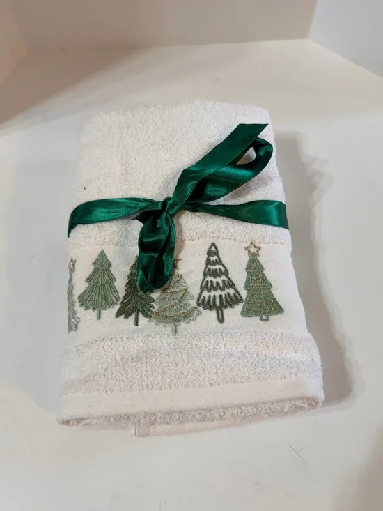White Hand Towel with Green Embroidered Trees and Ribbon
