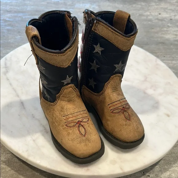 Cody James boys USA flag style 43800 Leather Tan & Blue Ankle-High Boots size 5D