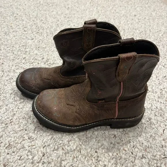 Justin Girls Cowboy Boots Light Up Sz 3D Leather Brown Pink Western Casual
