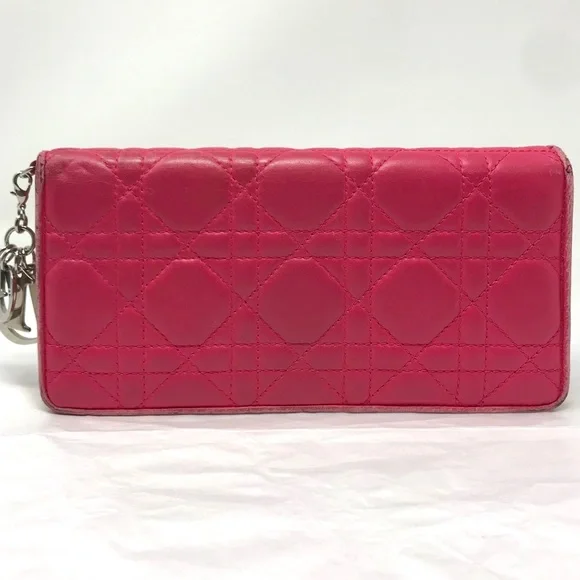 Dior Lady Dior Lambskin Leather Bifold Long Wallet w/ Charm