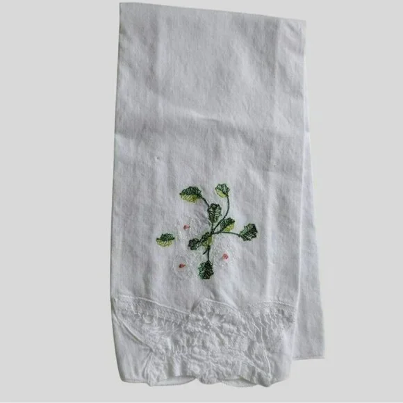 Vintage Embroidered White Cotton Hand Towel With Floral Design & Lace Trim 18x13