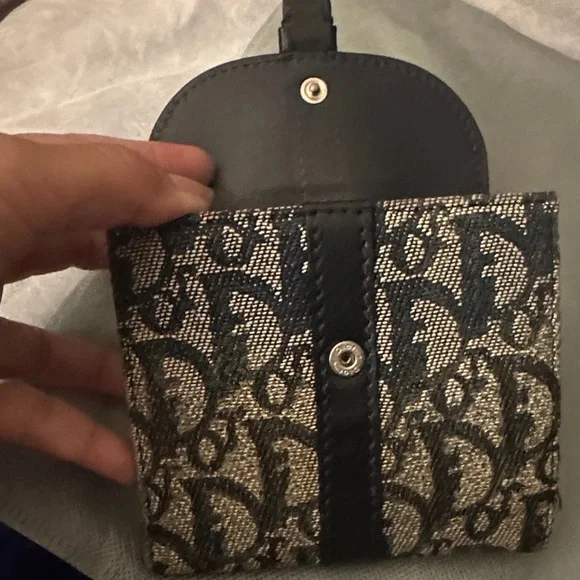 Authentic Christian Dior Blue Canvas Logo Snap Compact Wallet