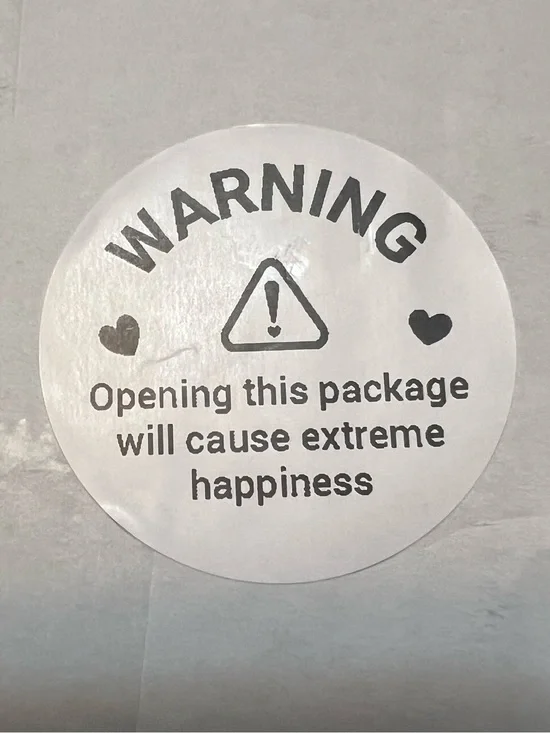 Warning Sticker 2in Opening this package will cause extreme happiness Roll of 50