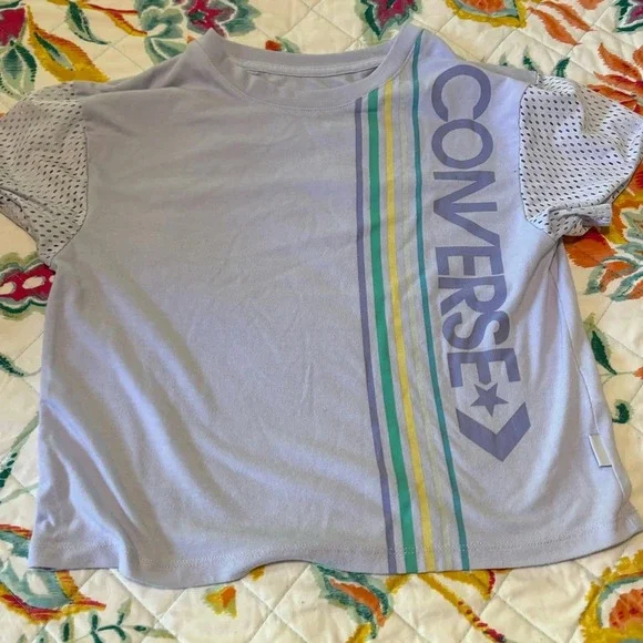 Converse Junior Girls Sz 10/12 Crop Top, White With Print, Mesh Sleeves