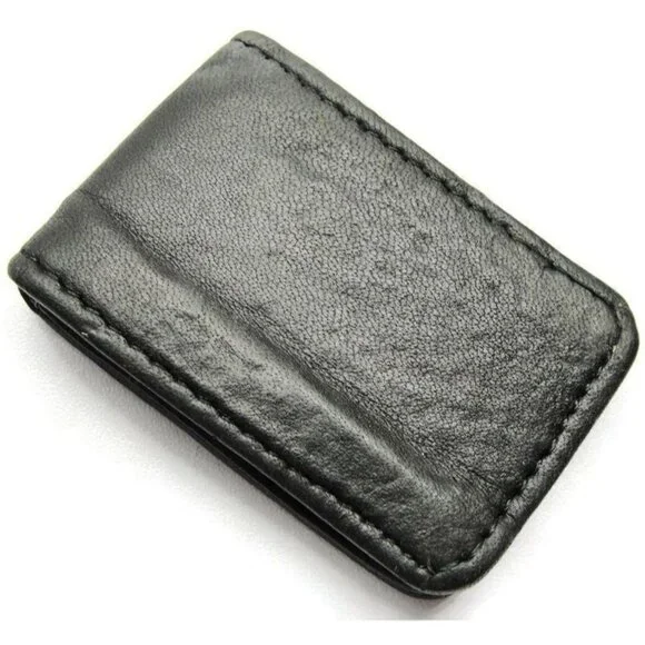Black Leather Magnetic Money Clip Wallet Credit Card Cash ID Holder