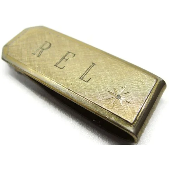 Engraved REL Money Clip Gold Tone Diamond Wallet Credit Card Cash