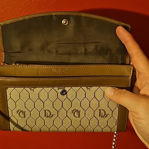 Vintage Christian Dior sig honeycomb w kisslock long wallet w unbrand chain