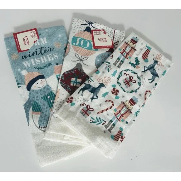 LOT of 3 Blue Whimsical Christmas Holiday Tea Hand Towels Nutcracker Snowman‎