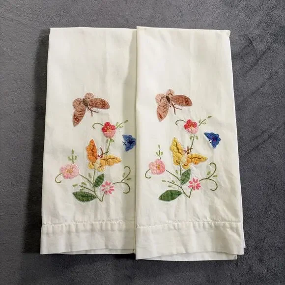 2 Vintage Floral Hand Embroidery Appliqué Cotton Guest Towels - Butterflies